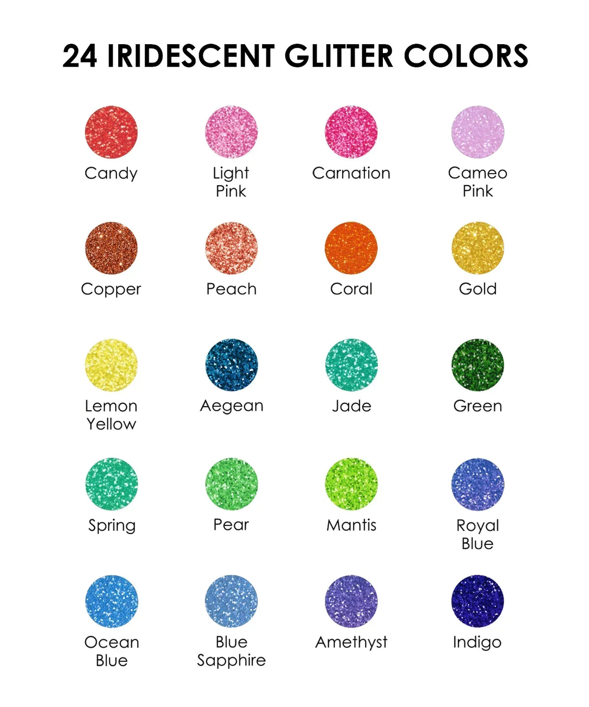 Color chart showing 24 iridescent glitter shades for Iridescent Glitter Acrylic Paint Marker Set including reds, blues, greens, and yellows