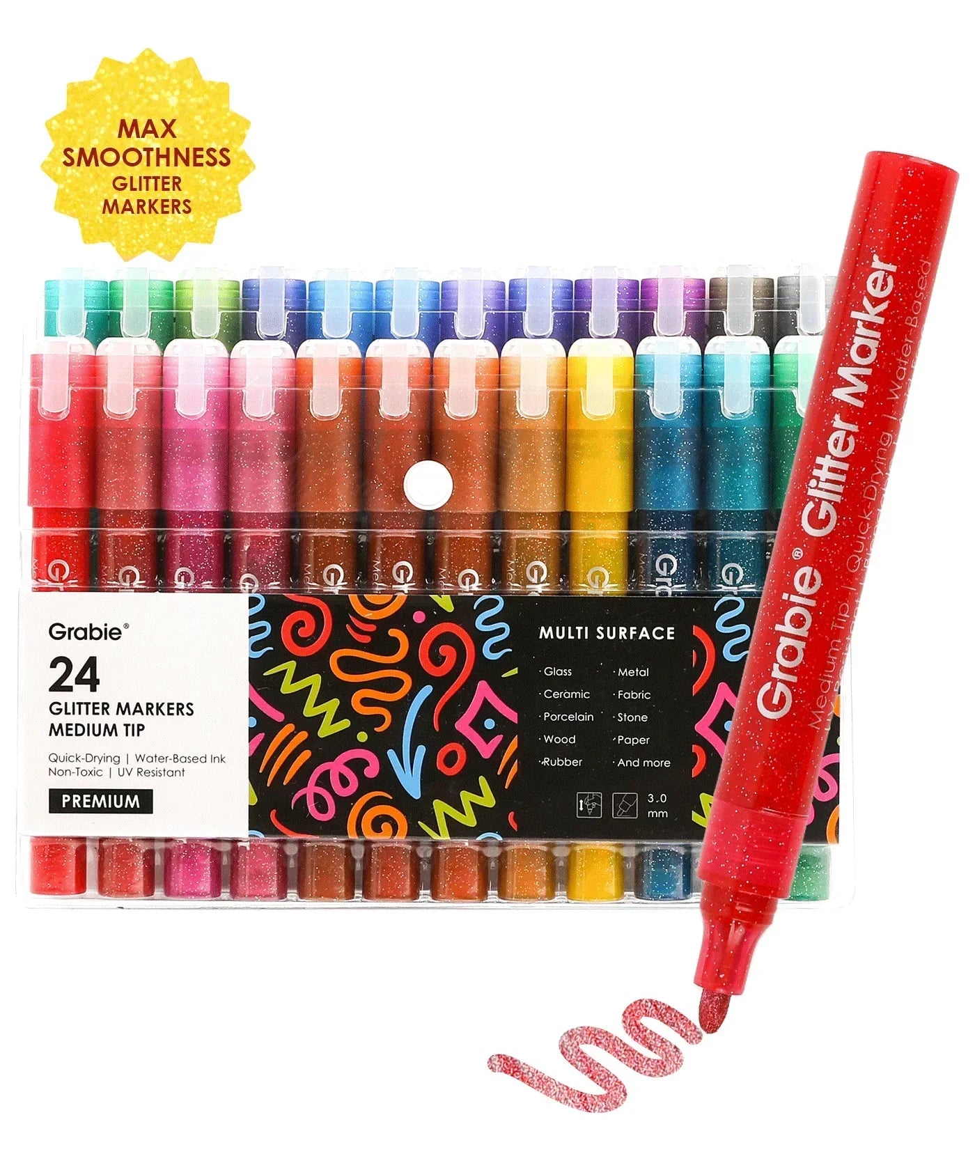Iridescent Glitter Acrylic Paint Marker Set displaying vibrant glitter colors with a red marker drawing a sparkly swirl design