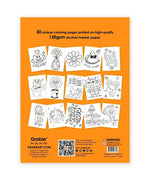 Back cover of Dual Tone Brush Tip Acrylic Paint Marker Set With Coloring Book showing 30 unique coloring pages on alcohol marker paper.