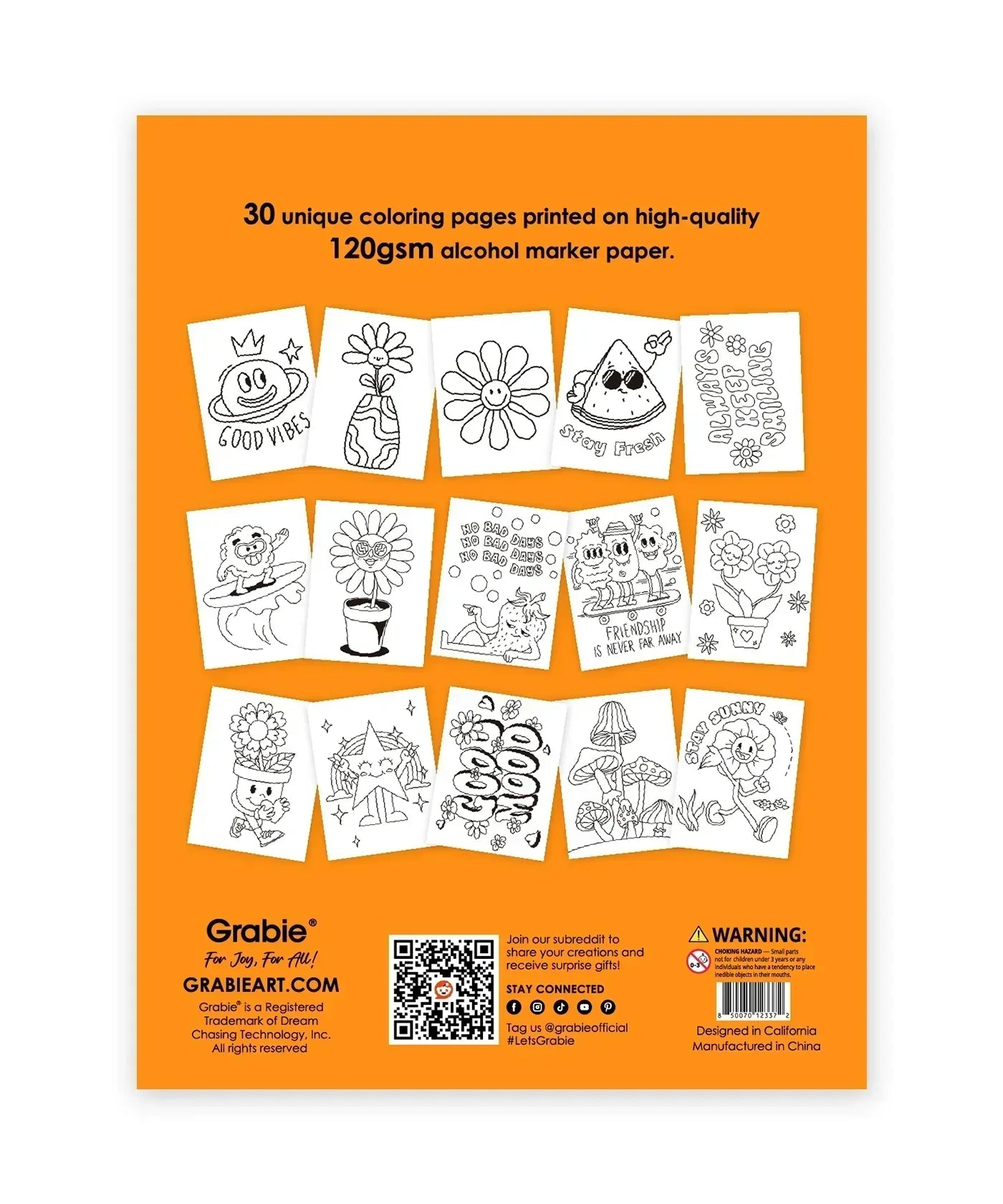 Back cover of Dual Tone Brush Tip Acrylic Paint Marker Set With Coloring Book showing 30 unique coloring pages on alcohol marker paper.