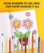 Dual Tone Brush Tip Acrylic Paint Marker Set With Coloring Book showing colorful markers and a flower coloring page on bright background