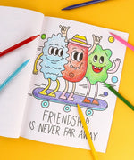 Colorful cartoon characters on skateboard coloring page with markers from Dual Tone Brush Tip Acrylic Paint Marker Set With Coloring Book