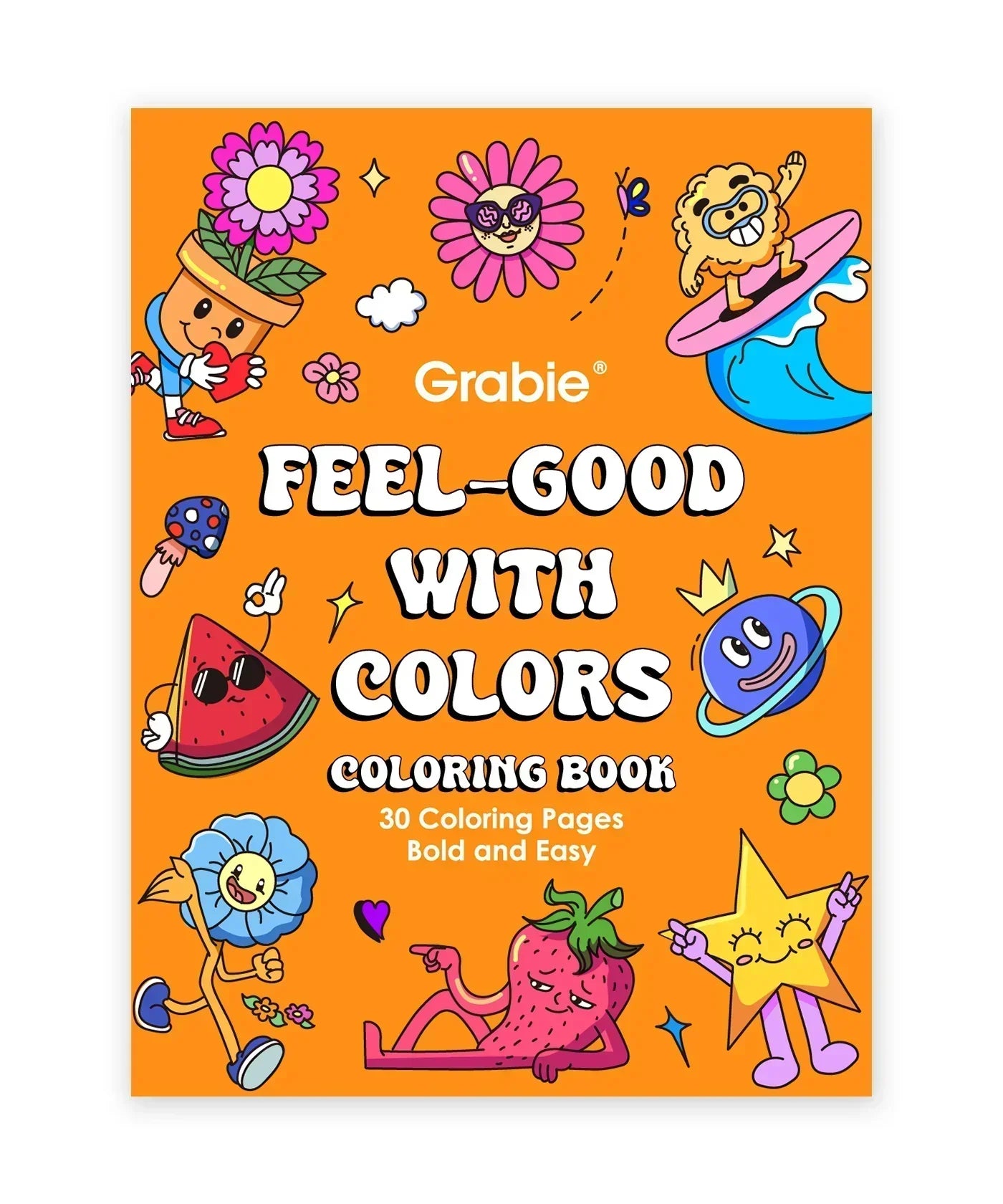 Colorful cartoon characters on orange cover of Dual Tone Brush Tip Acrylic Paint Marker Set With Coloring Book with 30 bold pages