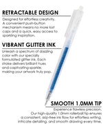 Glitter Gel Ink Pen Set with retractable design, vibrant blue glitter ink, and smooth 1.0mm rollerball tip for art projects.