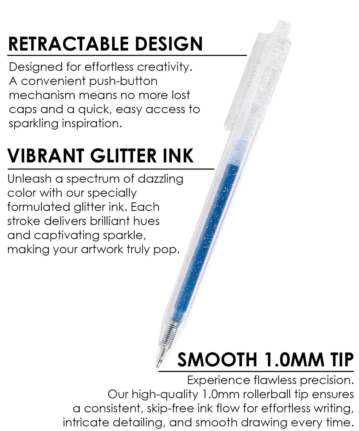 Glitter Gel Ink Pen Set with retractable design, vibrant blue glitter ink, and smooth 1.0mm rollerball tip for art projects.