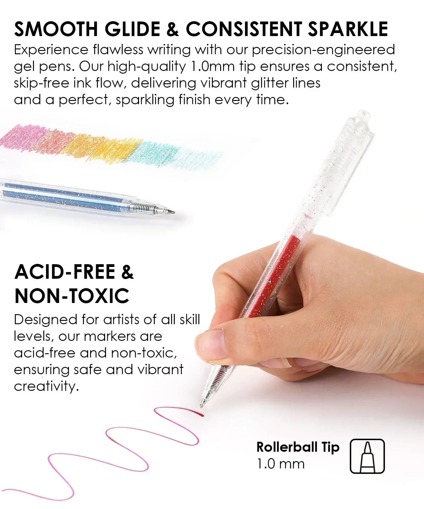 Hand holding a red Glitter Gel Ink Pen Set drawing a pink glittery line with color swatches nearby on white background