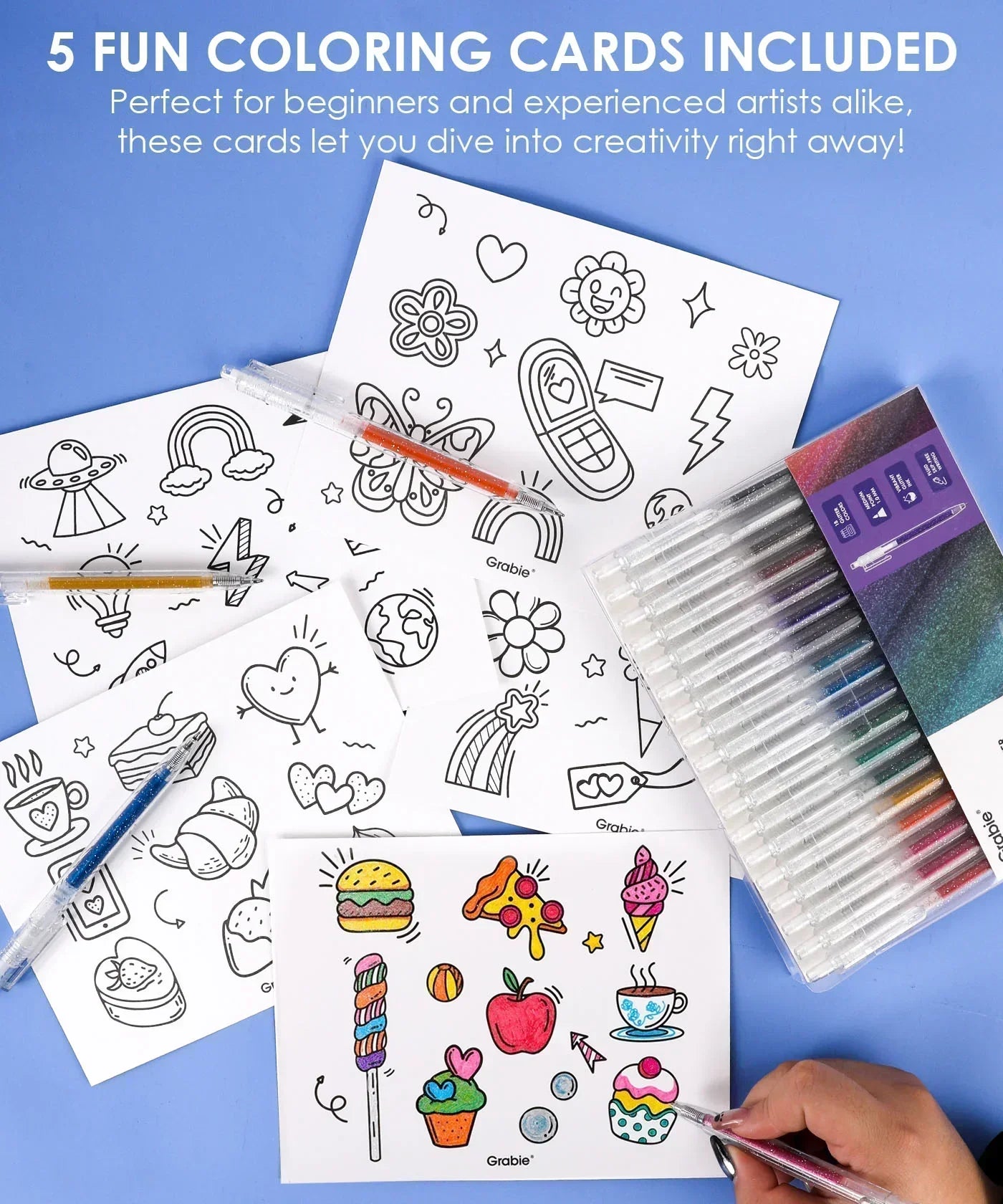 Glitter Gel Ink Pen Set with colorful pens, 5 creative coloring cards, and someone coloring on blue background
