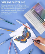Glitter Gel Ink Pen Set with vibrant glitter ink used to color a detailed butterfly illustration on paper.