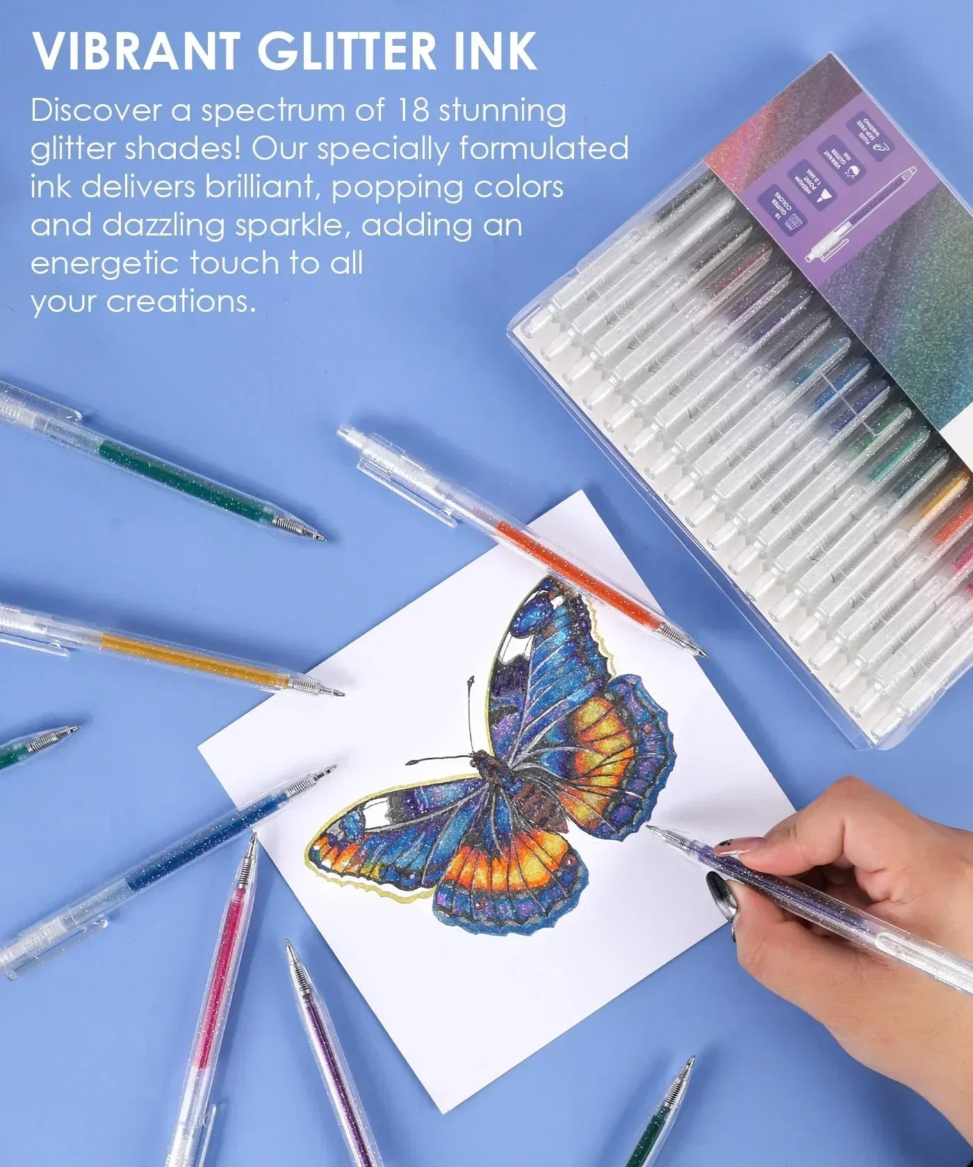 Glitter Gel Ink Pen Set with vibrant glitter ink used to color a detailed butterfly illustration on paper.