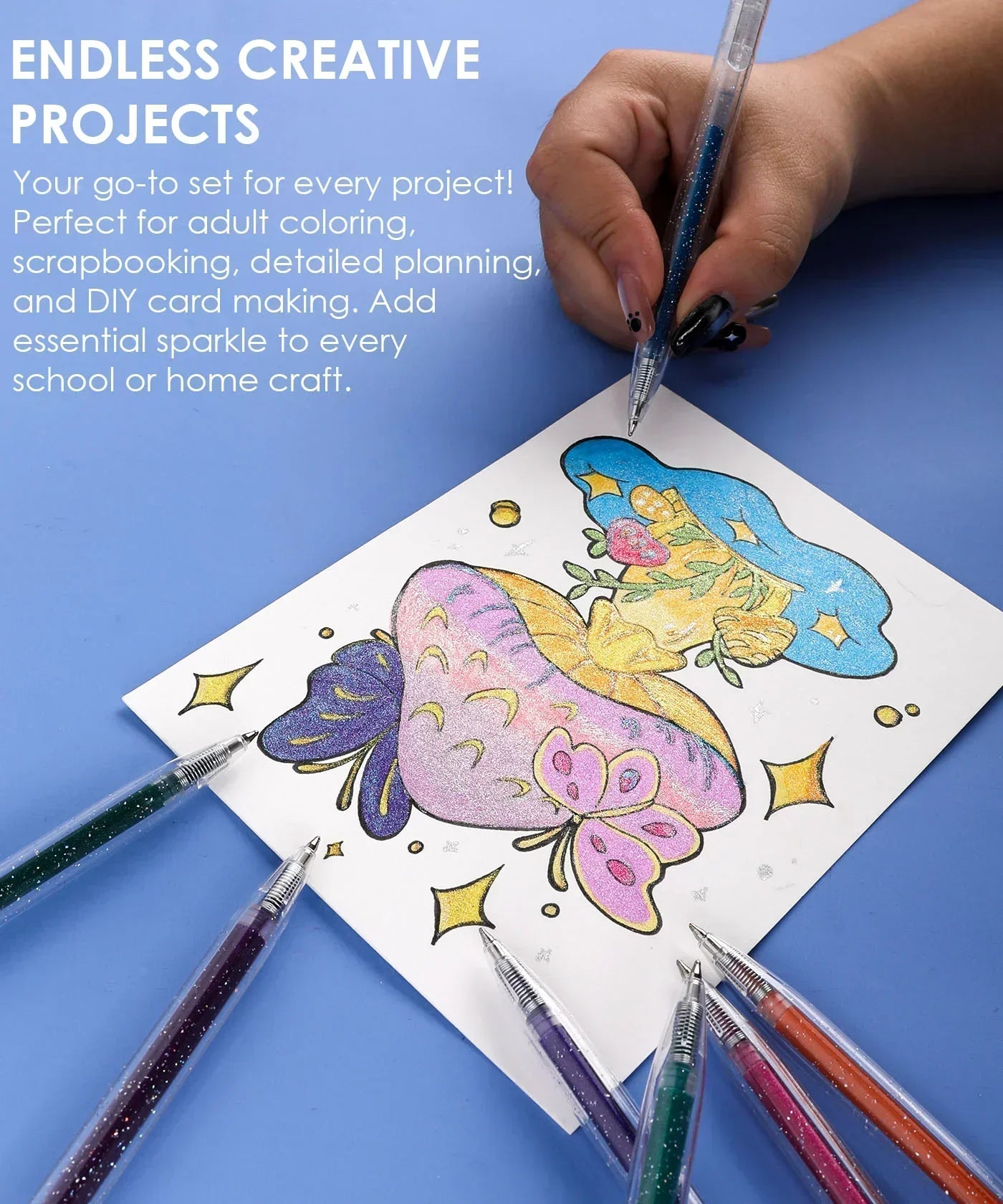 Hand coloring detailed butterfly and flower design with Glitter Gel Ink Pen Set on white paper background