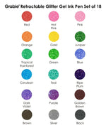 Color swatches of 18 glitter shades included in the Glitter Gel Ink Pen Set for vibrant art projects