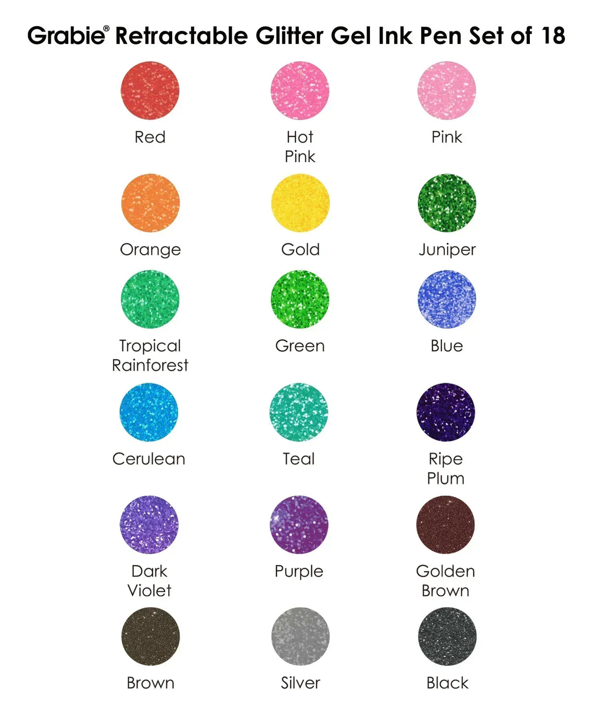 Color swatches of 18 glitter shades included in the Glitter Gel Ink Pen Set for vibrant art projects