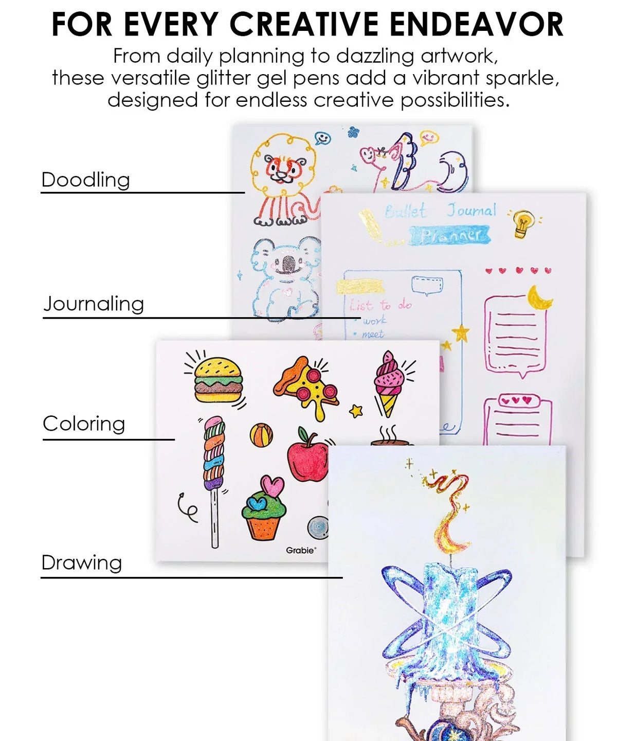 Glitter Gel Ink Pen Set used for doodling, journaling, coloring, and drawing vibrant creative artwork.