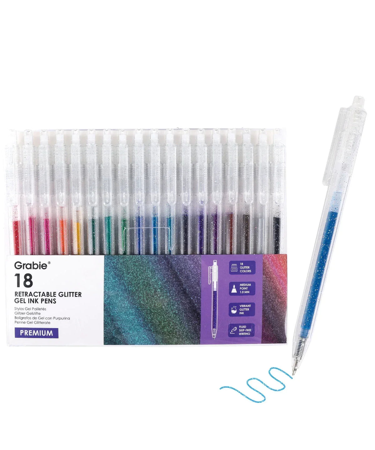 Glitter Gel Ink Pen Set with 18 retractable glitter gel ink pens in assorted colors for scrapbook and art supplies.