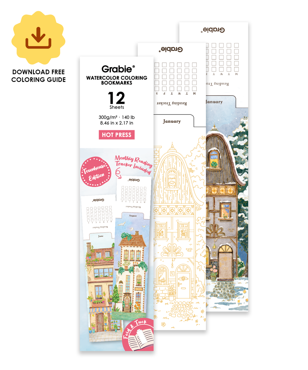 12 Sheets 140lb Watercolor Coloring Bookmarks - Townhouse Edition