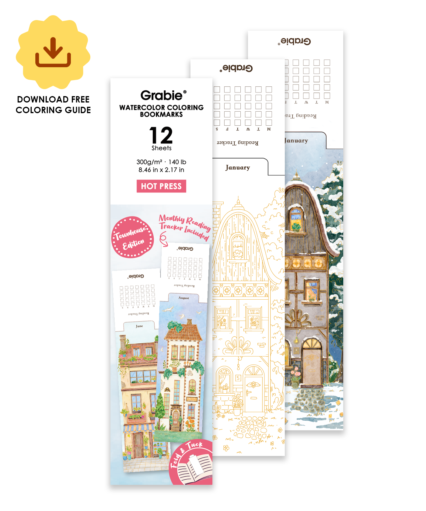 12 Sheets 140lb Watercolor Coloring Bookmarks - Townhouse Edition