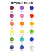 18 vibrant color swatches labeled from top left to bottom right.