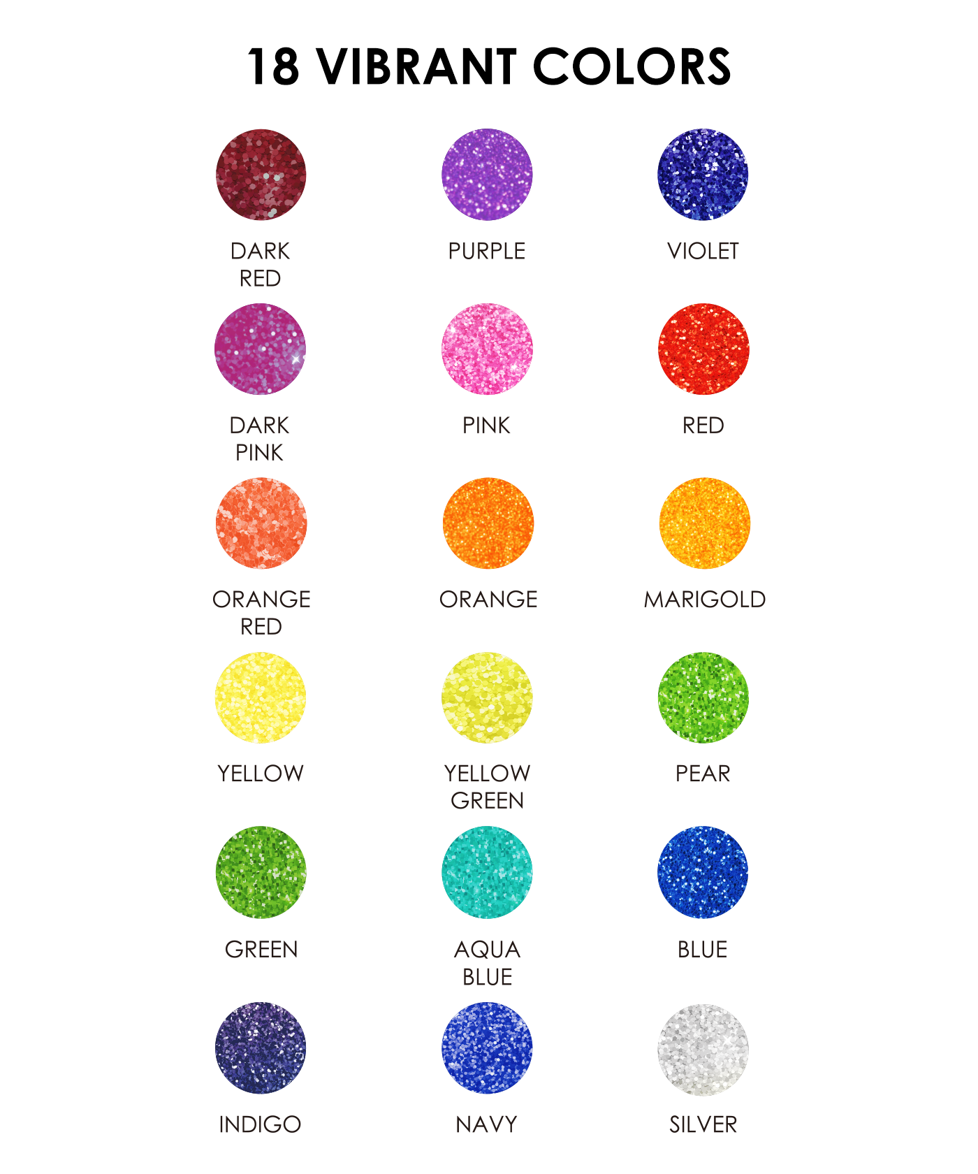 18 vibrant color swatches labeled from top left to bottom right.