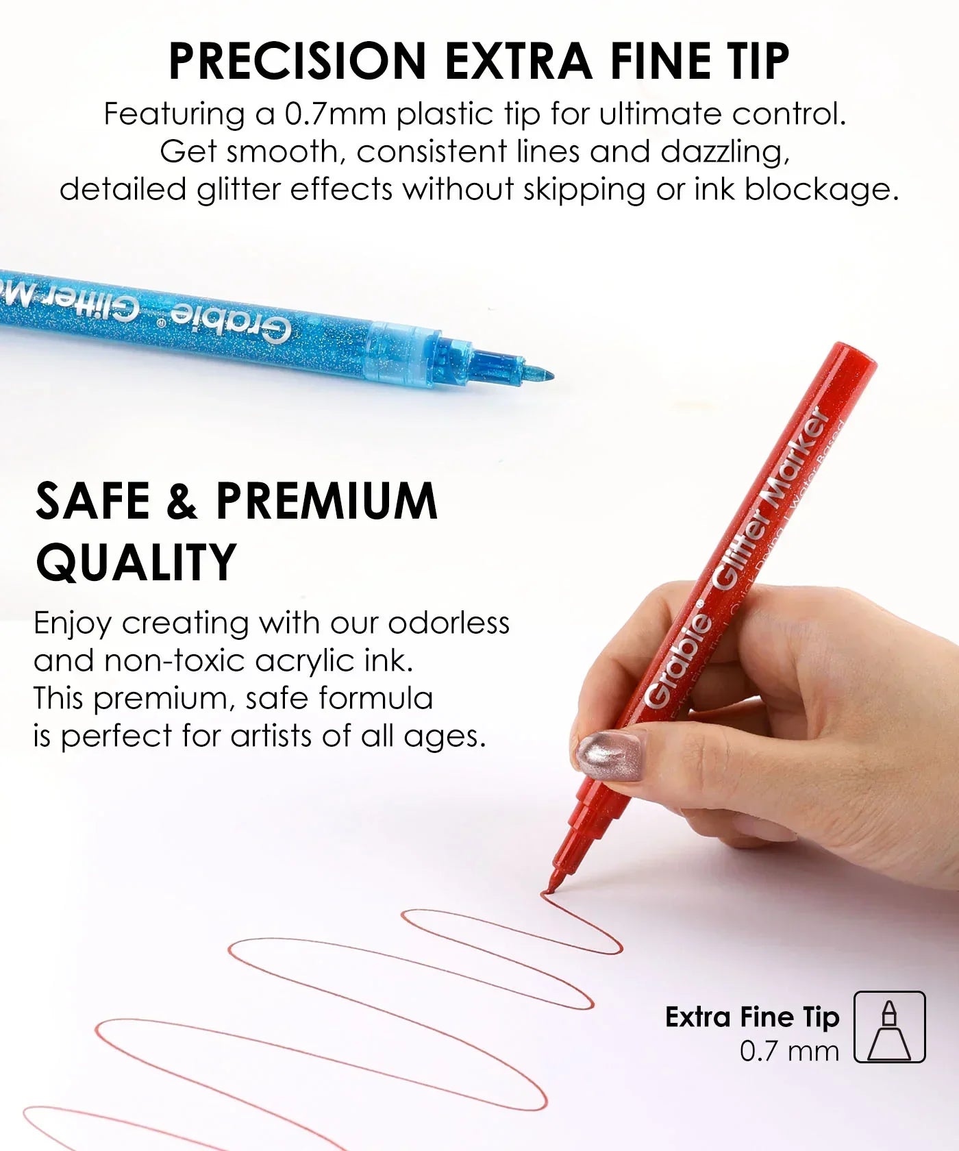 Blue and red Medium Tip Iridescent Glitter Acrylic Paint Marker Set Of 24 pens shown with detailed fine tip writing on white paper