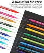 Medium Tip Iridescent Glitter Acrylic Paint Marker Set Of 24 showing fine colorful lines on black and white paper.