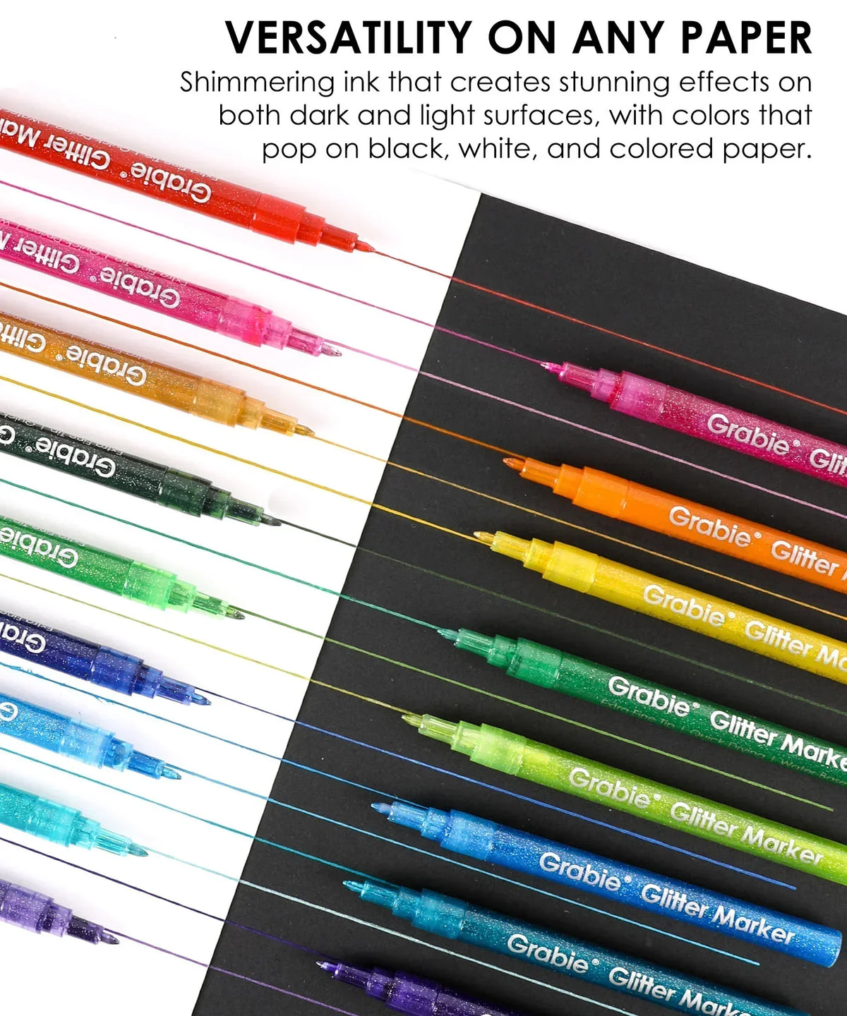 Medium Tip Iridescent Glitter Acrylic Paint Marker Set Of 24 showing fine colorful lines on black and white paper.