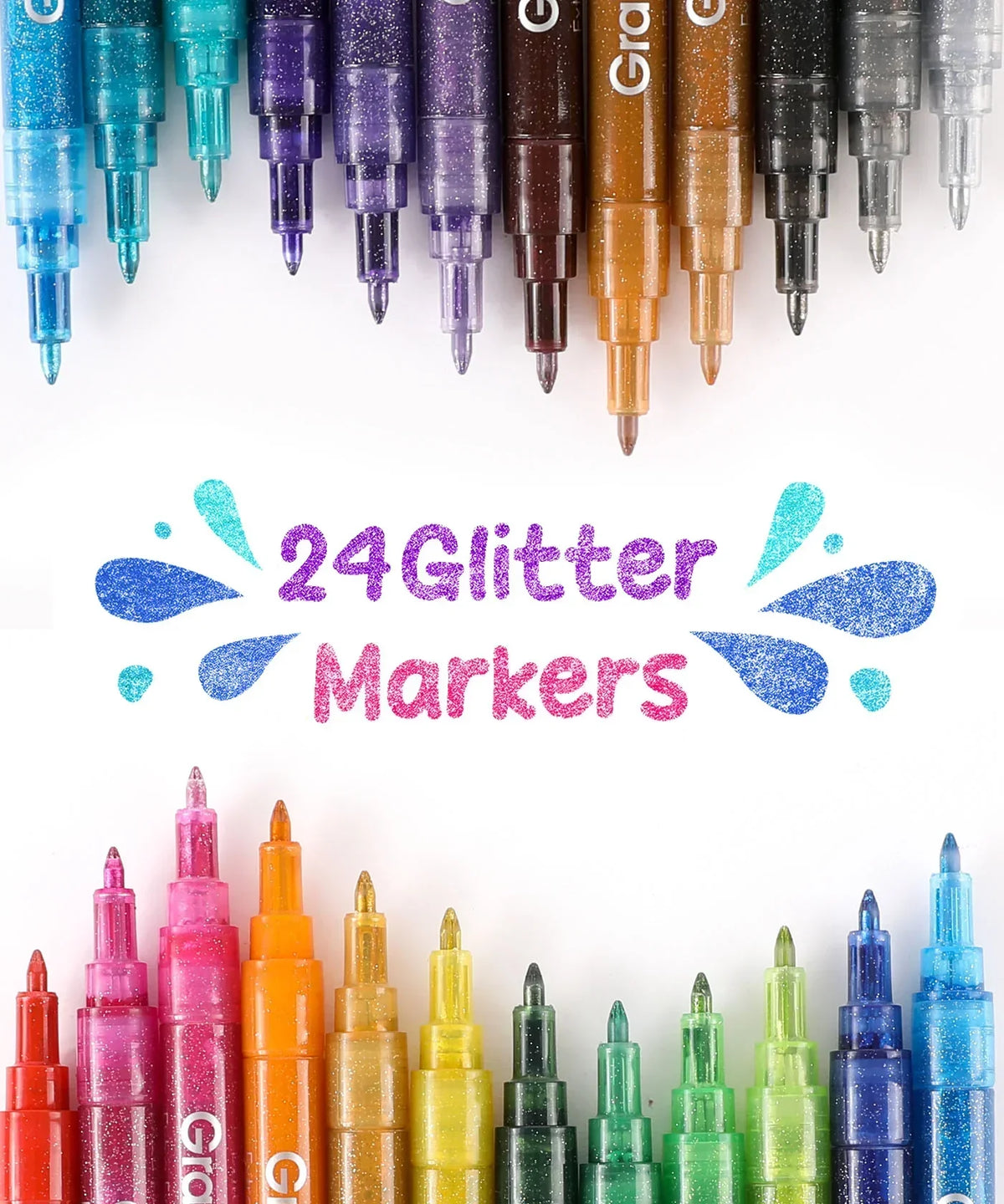 Medium Tip Iridescent Glitter Acrylic Paint Marker Set Of 24 art supplies markers arranged by color with glitter text design