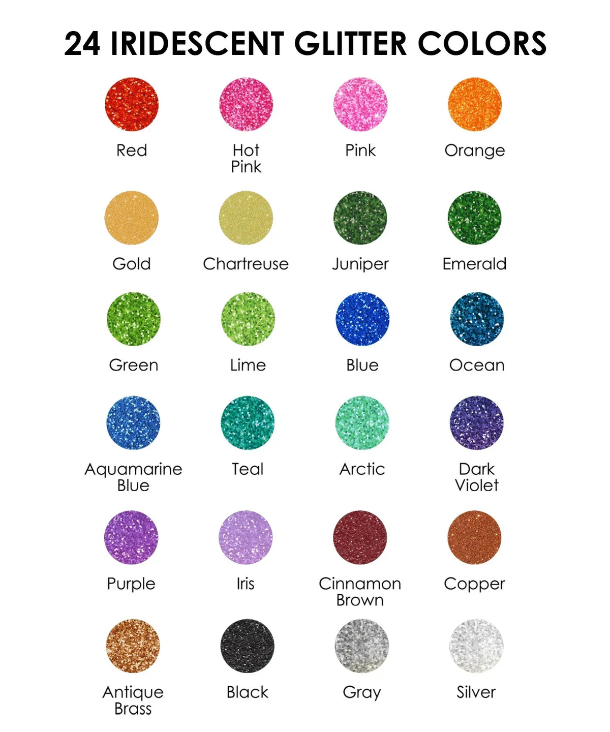 24 vibrant iridescent glitter colors swatches for Medium Tip Iridescent Glitter Acrylic Paint Marker Set Of 24 art supplies.