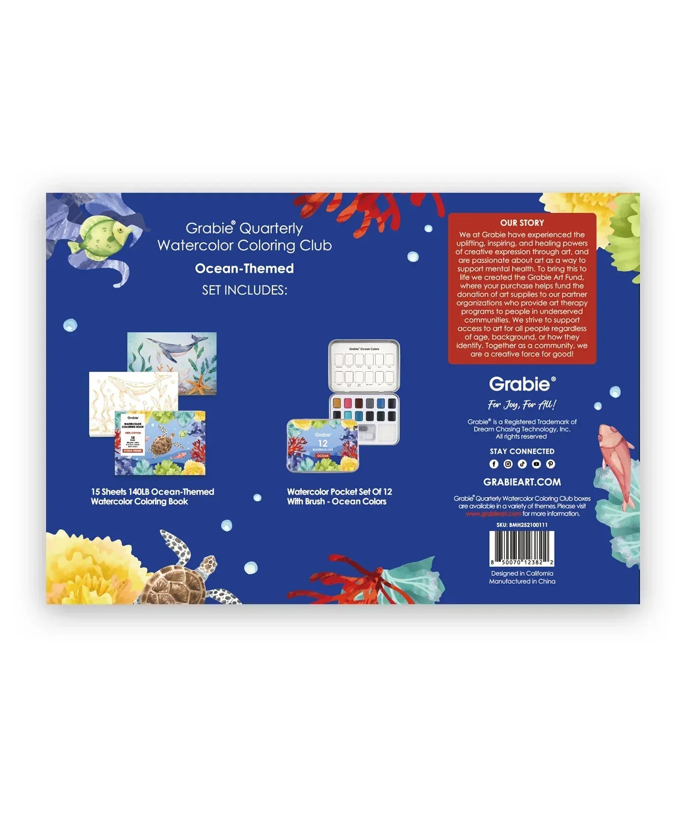 Ocean-Themed Watercolor Coloring Club Box with ocean-inspired designs, watercolor paints, and brush for art supplies enthusiasts