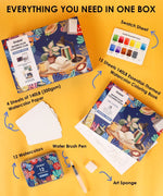 Essential-Themed Watercolor Coloring Club Box with paints, brush pen, sponge, coloring book, swatch sheet, and watercolor paper.