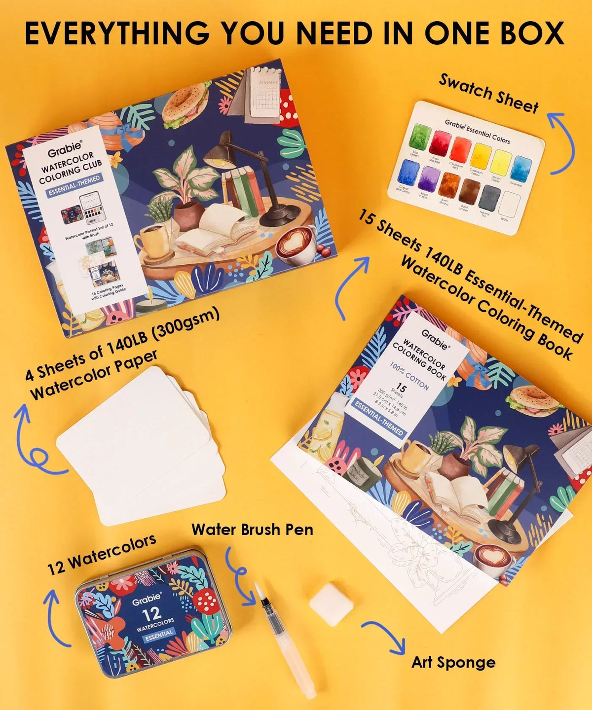 Essential-Themed Watercolor Coloring Club Box with paints, brush pen, sponge, coloring book, swatch sheet, and watercolor paper.