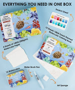 Ocean-Themed Watercolor Coloring Club Box with watercolor paper, paints, brush pen, sponge, and ocean color swatch sheet