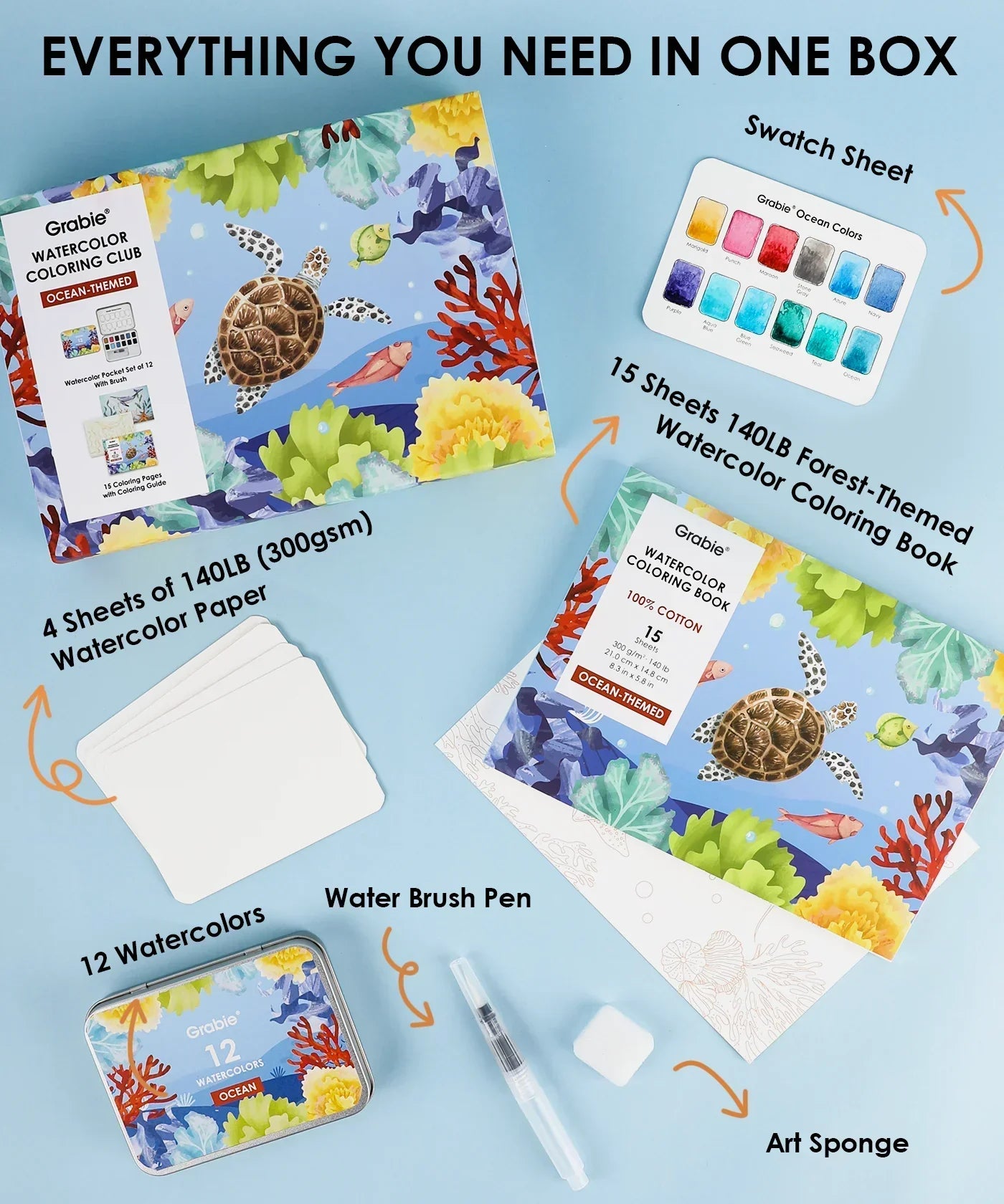 Ocean-Themed Watercolor Coloring Club Box with watercolor paper, paints, brush pen, sponge, and ocean color swatch sheet