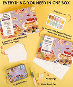 Grabie Quarterly Watercolor Coloring Club with dessert-themed book, watercolor paper, paints, brush pen, and art sponge