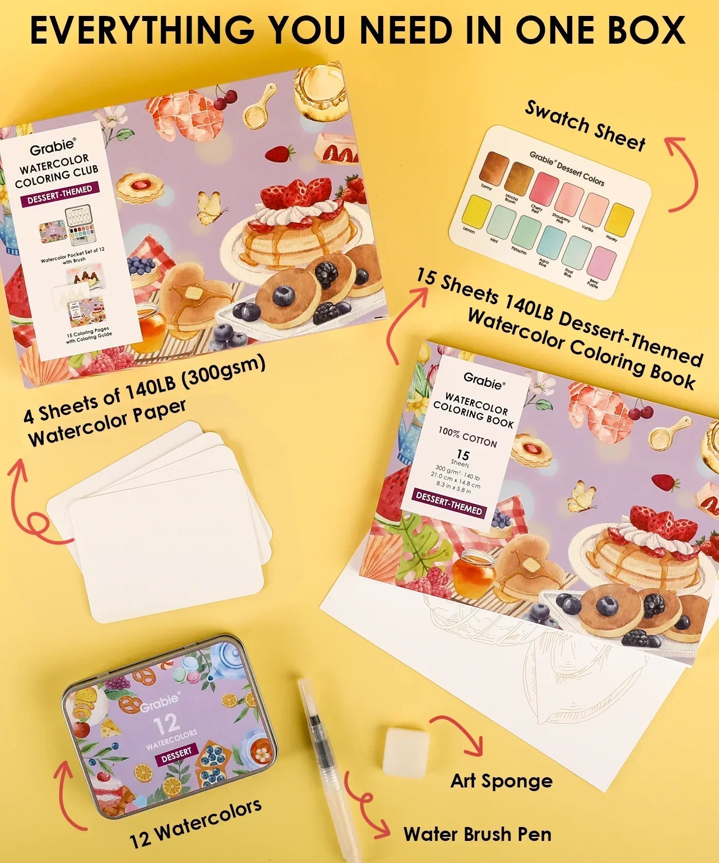 Grabie Quarterly Watercolor Coloring Club with dessert-themed book, watercolor paper, paints, brush pen, and art sponge