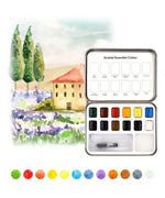 Essential-Themed Watercolor Coloring Club Box with vibrant paint palette, brush, and watercolor scene of trees and house