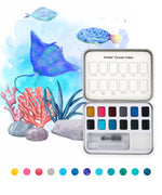 Ocean-Themed Watercolor Coloring Club Box with vibrant watercolor paints and ocean life illustrations including fish, coral, and rocks.