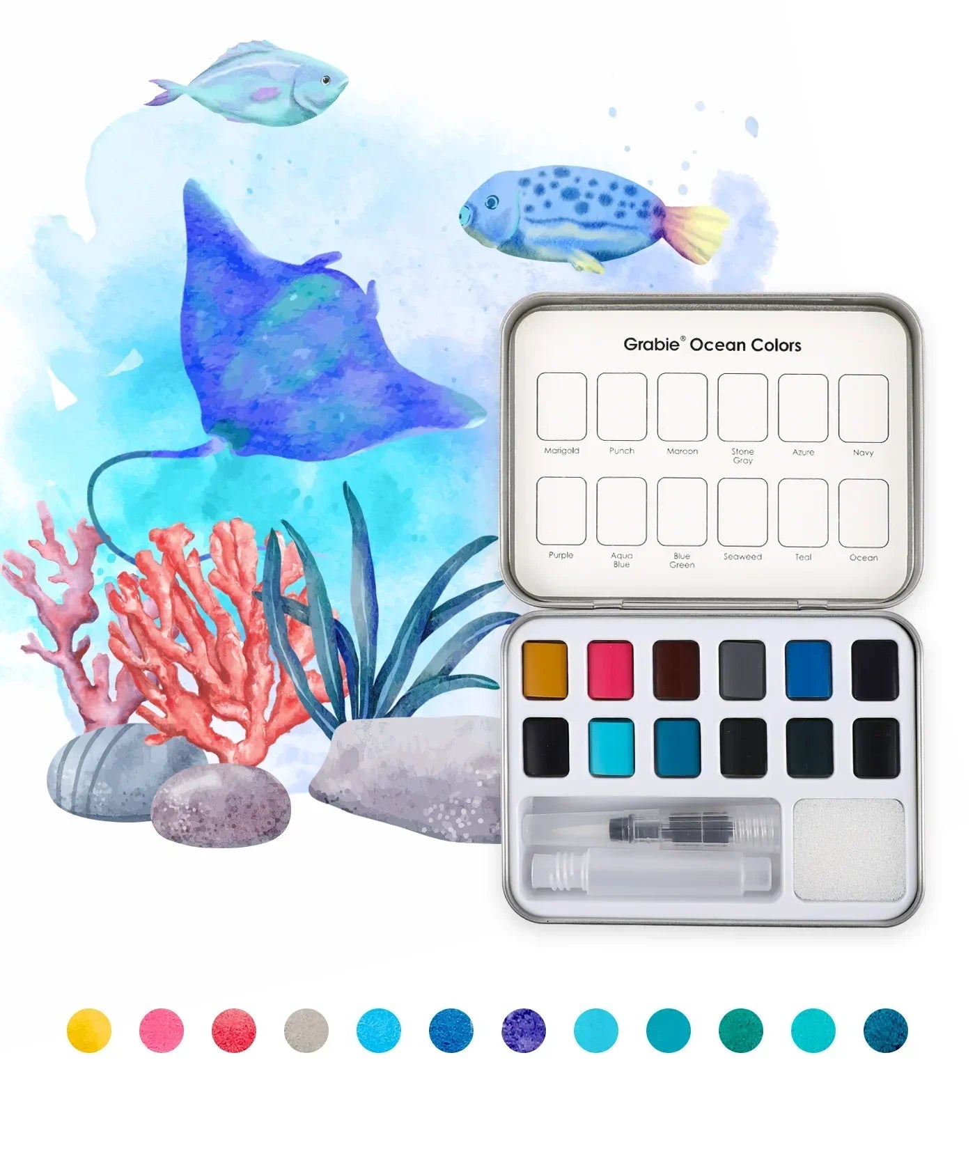 Ocean-Themed Watercolor Coloring Club Box with vibrant watercolor paints and ocean life illustrations including fish, coral, and rocks.