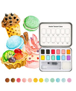 Grabie Quarterly Watercolor Coloring Club set with vibrant dessert-themed watercolor paints and detailed color guide.