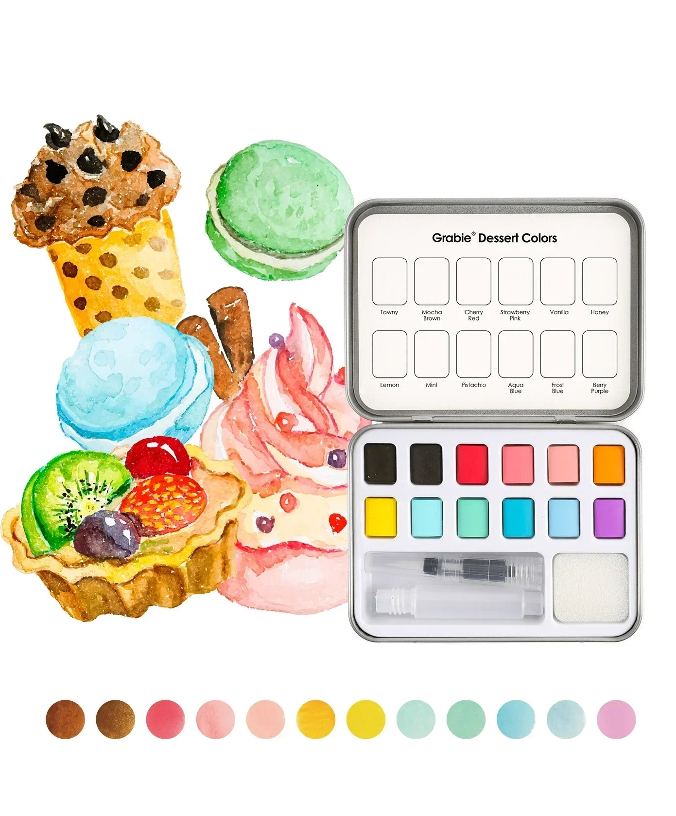 Grabie Quarterly Watercolor Coloring Club set with vibrant dessert-themed watercolor paints and detailed color guide.