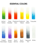 Watercolor paint swatches in various essential colors from the Essential-Themed Watercolor Coloring Club Box palette