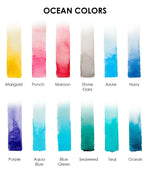 Ocean-Themed Watercolor Coloring Club Box featuring a palette of marigold, punch, maroon, gray, and various ocean-inspired blues.