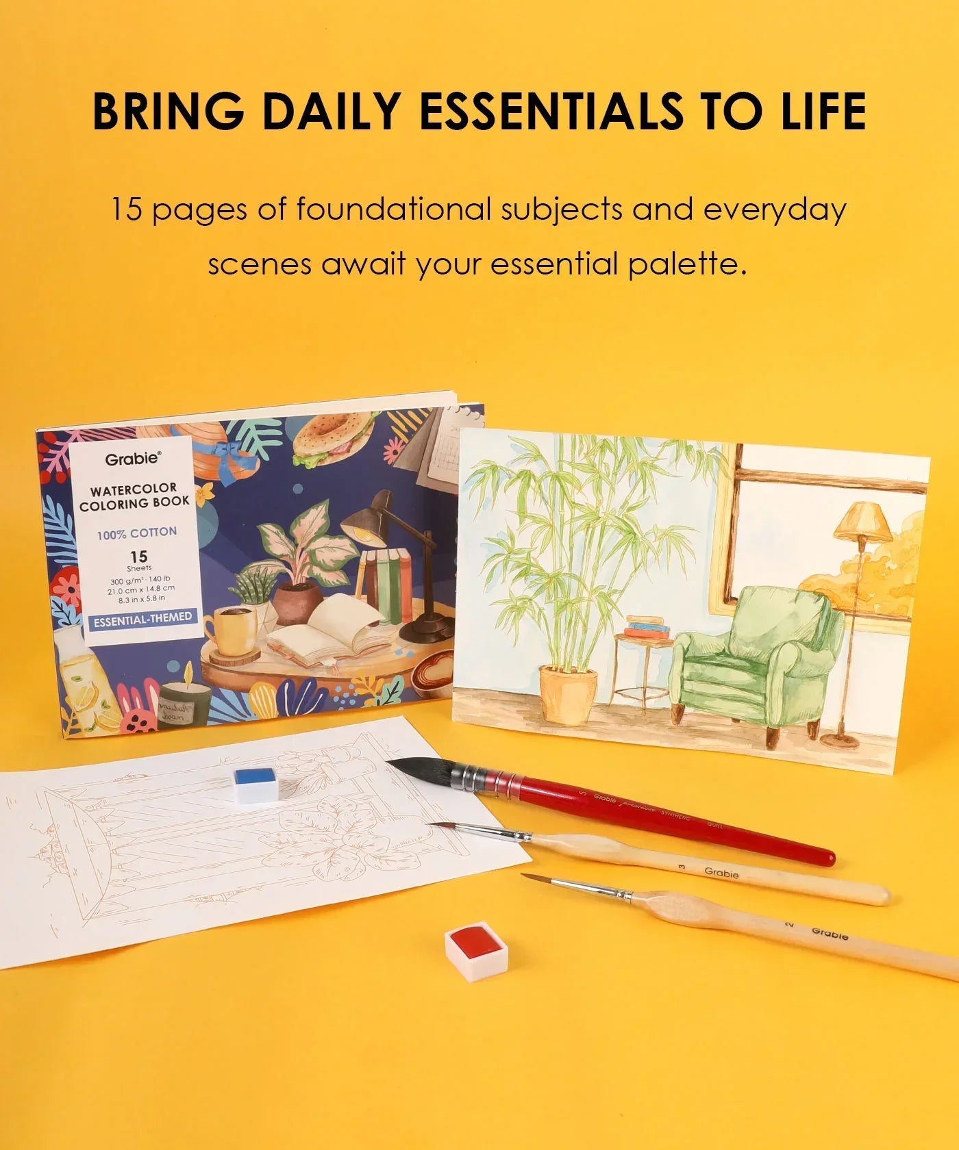 Essential-Themed Watercolor Coloring Club Box with watercolor paints, brushes, and a nature-inspired art page on a yellow background