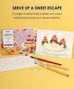 Grabie Quarterly Watercolor Coloring Club with dessert-themed book, watercolor brushes, palette, and painted banana split artwork