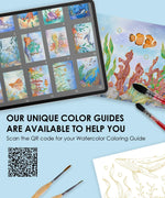 Ocean-Themed Watercolor Coloring Club Box showing watercolor paintings, brushes, and a digital color guide on a tablet.