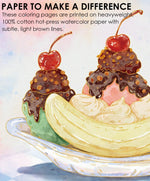 Watercolor illustration of banana split dessert with cherries on watercolor paper in Grabie Quarterly Watercolor Coloring Club