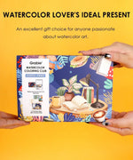 Hands holding Essential-Themed Watercolor Coloring Club Box with artistic designs and watercolor art supplies against yellow background