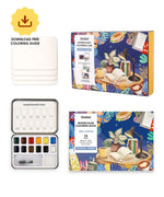 Essential-Themed Watercolor Coloring Club Box with watercolor palette, brush, coloring book, and free guide download shown