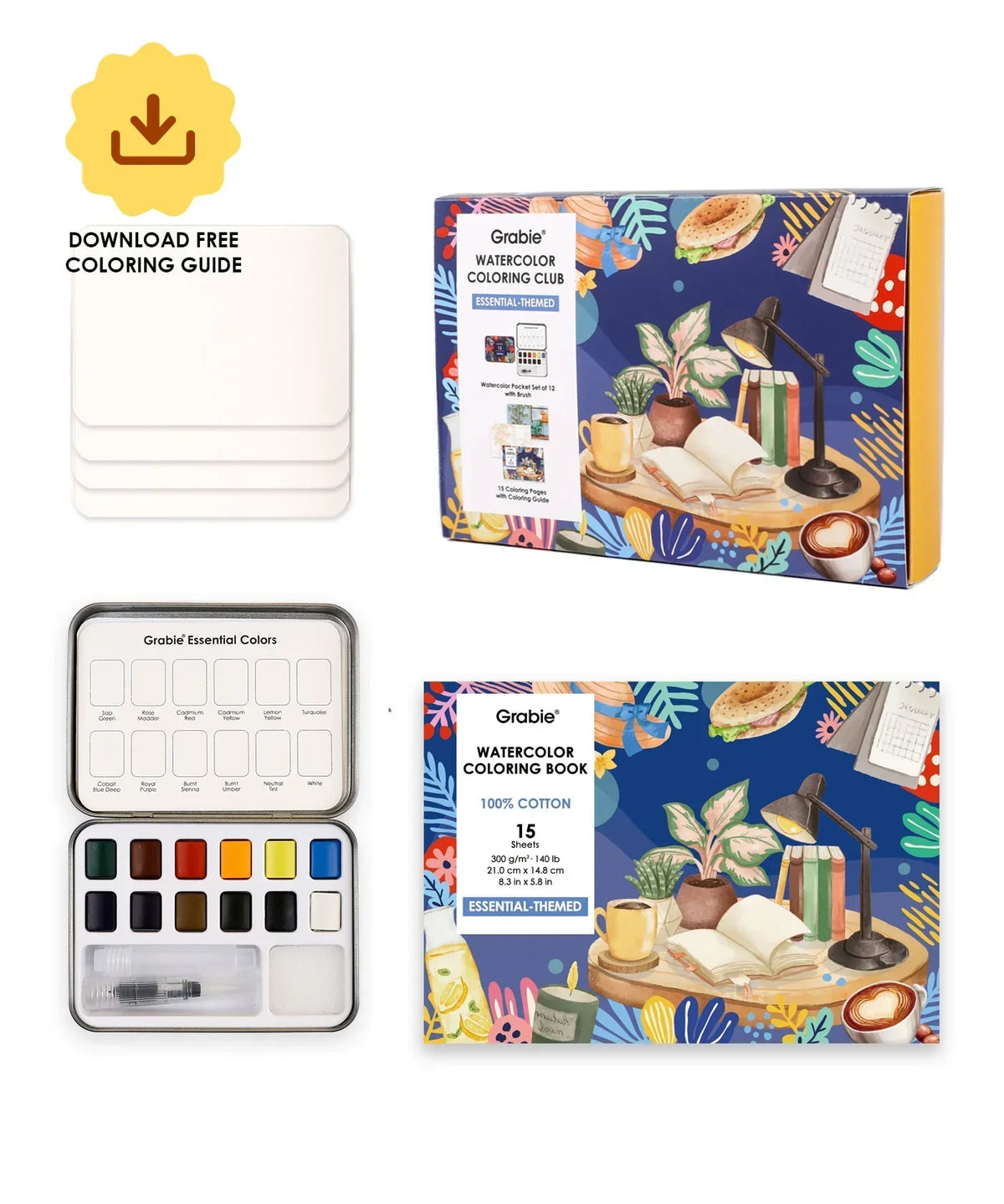 Essential-Themed Watercolor Coloring Club Box with watercolor palette, brush, coloring book, and free guide download shown