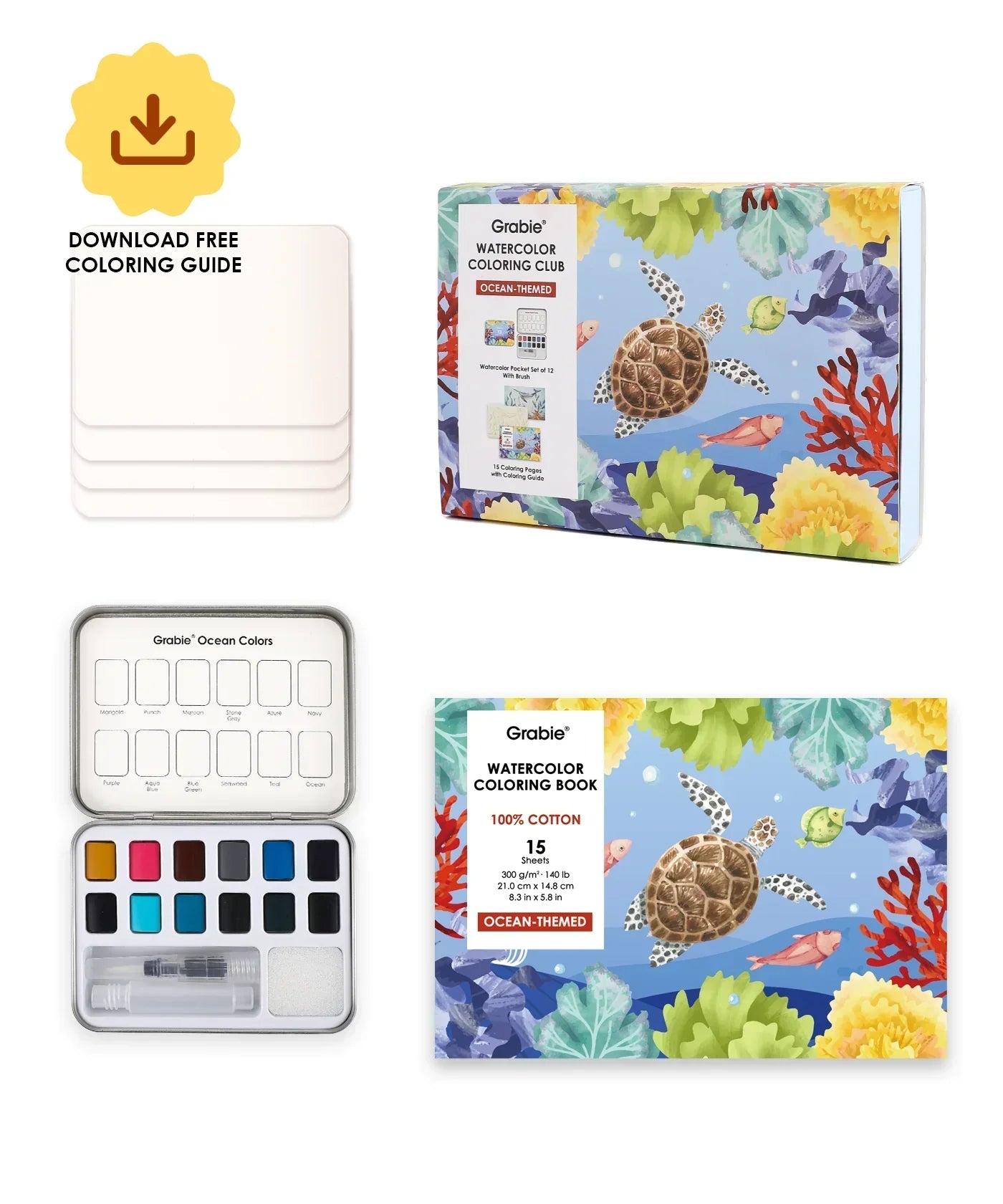 Ocean-Themed Watercolor Coloring Club Box with ocean animal artwork, watercolor palette, brush, and coloring book set