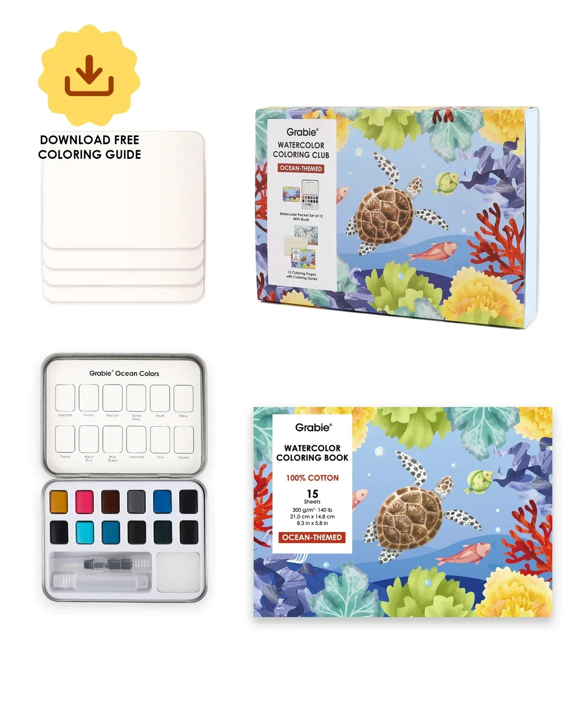 Ocean-Themed Watercolor Coloring Club Box with ocean animal artwork, watercolor palette, brush, and coloring book set